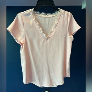 Elegant Pink Lace Trim V-Neck Top